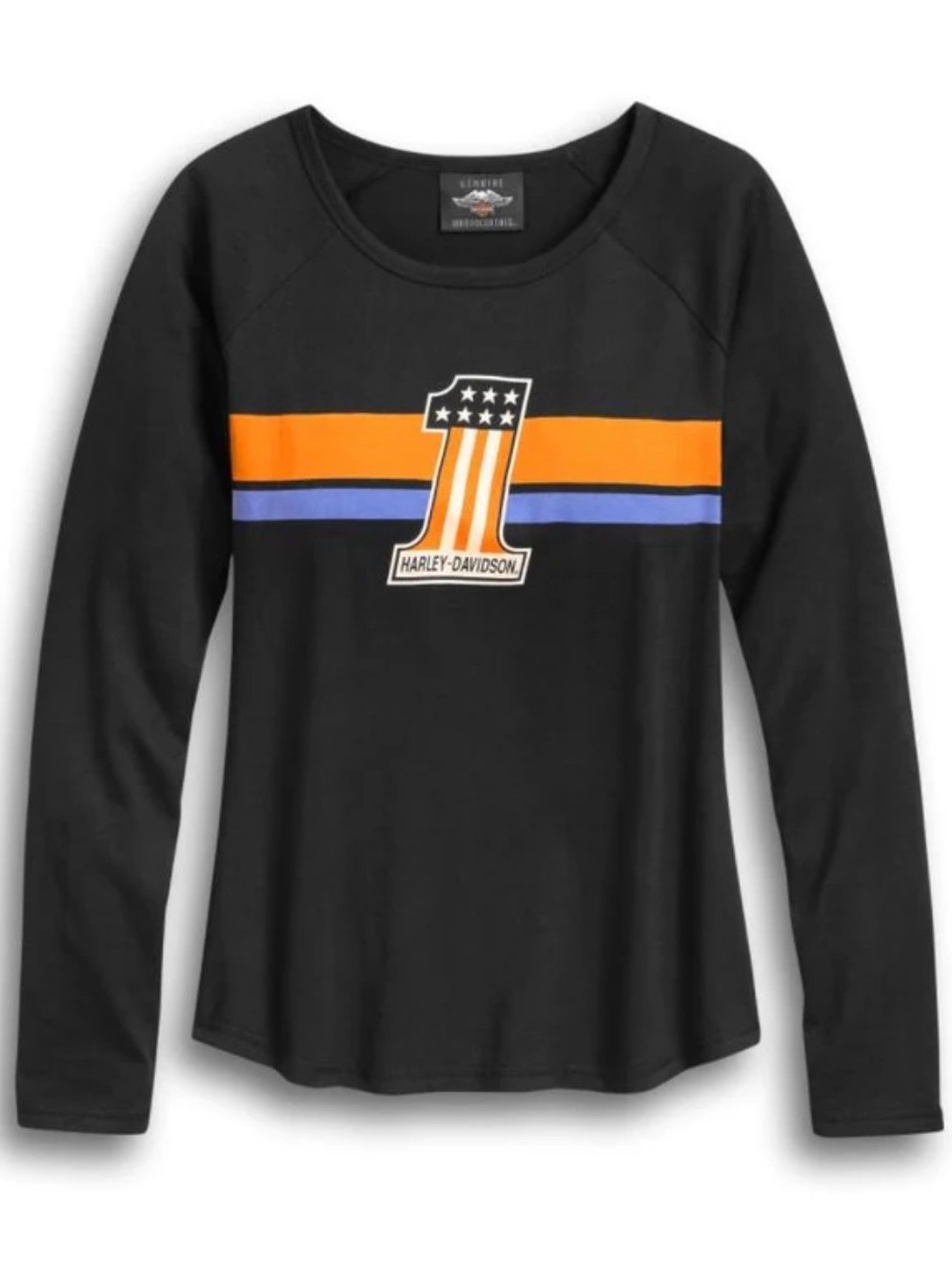 Harley-Davidson Women’s Black Long Sleeve Tee with Orange & Blue Stripes